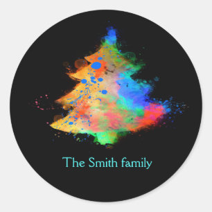 Zwarte achtergrond en waterverven en kerstmis ronde sticker
