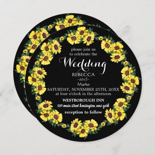 Zwarte achtergrond en zonnebloemen kaart (Voorkant / Achterkant)