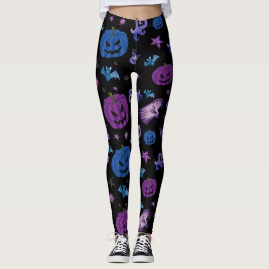 Zwarte achtergrond Halloween Spooky Pumpkin Patter Leggings (Voorkant)