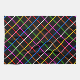 Zwarte Achtergrond Kleurrijk Windowpane Plaid Desi Theedoek
