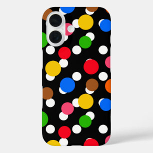 Zwarte achtergrond Kleurrijke Polka Dots iPhone 16 Hoesje