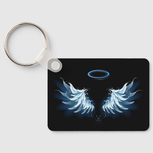 Zwarte achtergrond met blauwe engelenvleugels die  sleutelhanger (Achterkant)