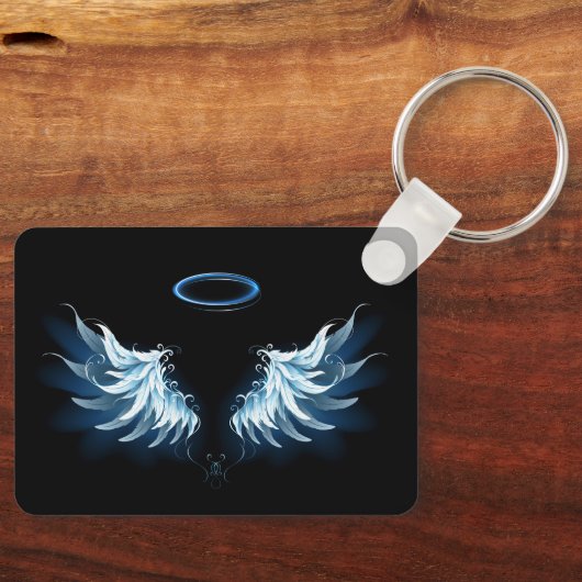 Zwarte achtergrond met blauwe engelenvleugels die sleutelhanger (Voorkant)