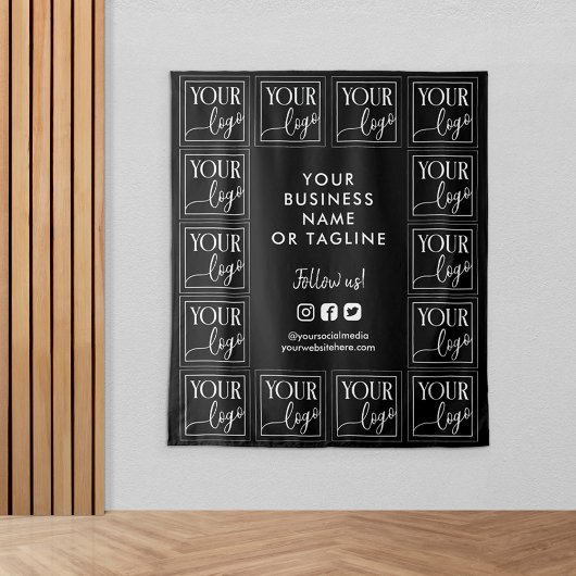 Zwarte achtergrond met uw logo en sociale media wandkleed