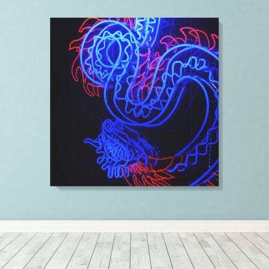 Zwarte achtergrond Neon Blue Dragon Bright Canvas Afdruk (Insitu (Houten vloer))