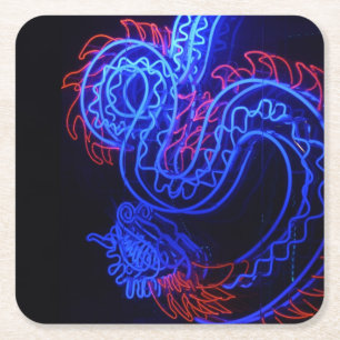 Zwarte achtergrond Neon Blue Dragon Bright Kartonnen Onderzetters