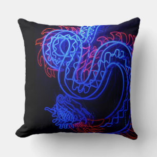 Zwarte achtergrond Neon Blue Dragon Bright Kussen