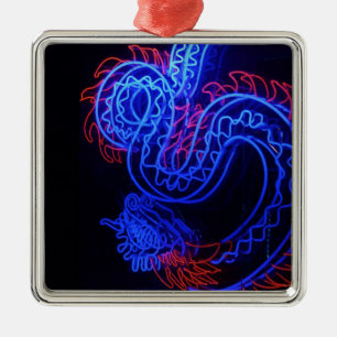 Zwarte achtergrond Neon Blue Dragon Bright Metalen Ornament