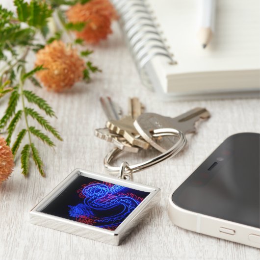 Zwarte achtergrond Neon Blue Dragon Bright Sleutelhanger (Zijkant)