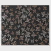 Zwarte achtergrond roos Gold Butterflies Cadeaupapier (Vlak)