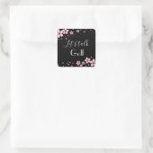 Zwarte achtergrond roze Floral Border Lets Talk Go Vierkante Sticker (Tas)