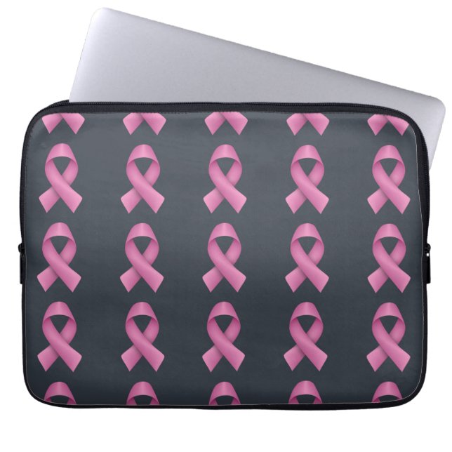 Zwarte achtergrond roze lint patroon laptop sleeve (Voorkant)