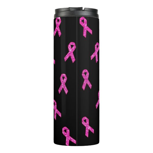 Zwarte achtergrond roze lint thermosbeker (Achterkant)