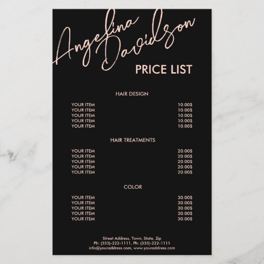 Zwarte achtergrond roze tekstprijslijst flyer (Voorkant)