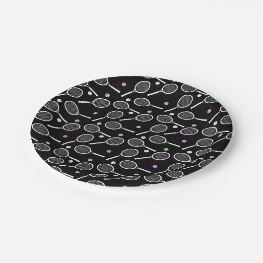 Zwarte achtergrond Tennis Racket Pattern Papieren Bordje (Gekanteld)