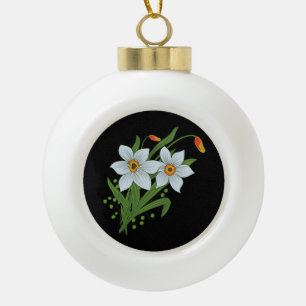 Zwarte achtergrond Tulpen en Daffodils Flowers Keramische Bal Ornament