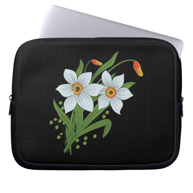 Zwarte achtergrond Tulpen en Daffodils Flowers Laptop Sleeve (Voorkant)