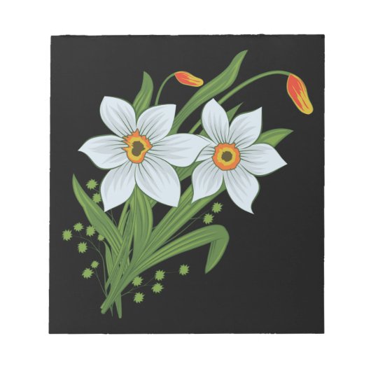 Zwarte achtergrond Tulpen en Daffodils Flowers Notitieblok (Voorkant)