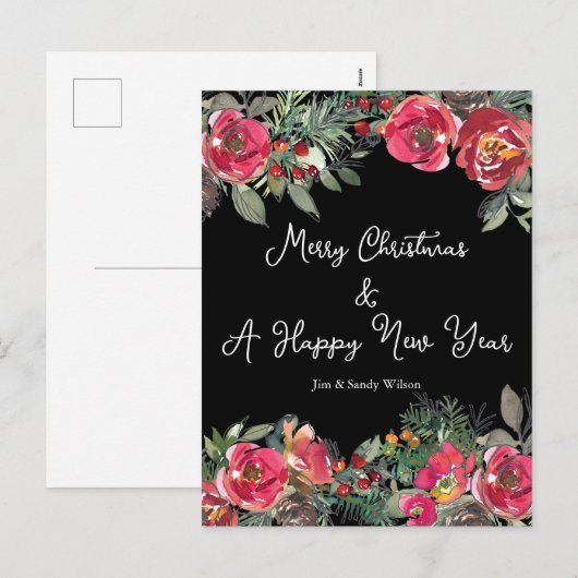 Zwarte achtergrond van Elegant Red KerstFlowers Feestdagenkaart (Voorkant / Achterkant)