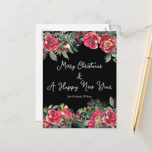 Zwarte achtergrond van Elegant Red KerstFlowers Feestdagenkaart (Voorkant / Achterkant in situ)