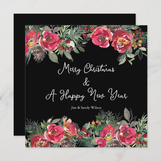 Zwarte achtergrond van Elegant Red KerstFlowers Feestdagenkaart (Voorkant / Achterkant)