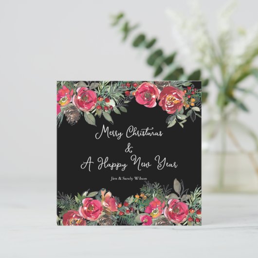 Zwarte achtergrond van Elegant Red KerstFlowers Feestdagenkaart (Staand voorkant)