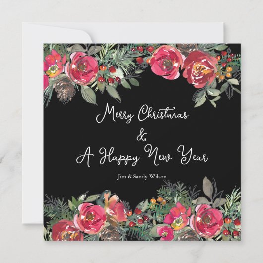 Zwarte achtergrond van Elegant Red KerstFlowers Feestdagenkaart (Voorkant)