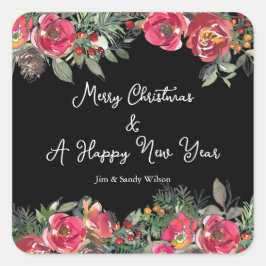 Zwarte achtergrond van Elegant Red KerstFlowers Vierkante Sticker