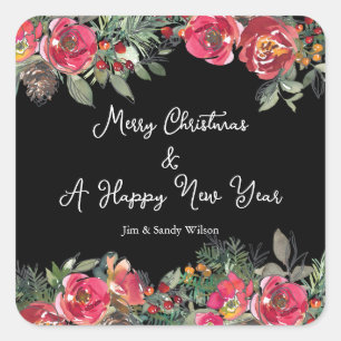 Zwarte achtergrond van Elegant Red KerstFlowers Vierkante Sticker