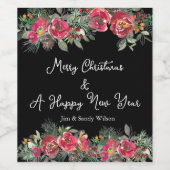 Zwarte achtergrond van Elegant Red KerstFlowers Wijn Etiket (Enkel label)