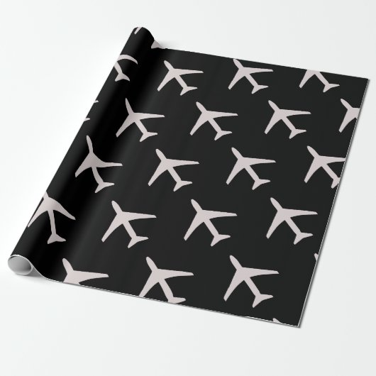 Zwarte achtergrond van Funky Grey Plane Pilot Avia Cadeaupapier (Uitgerold)