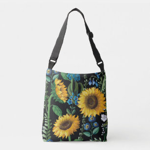 Zwarte achtergrond zonnebloem patroon crossbody tas
