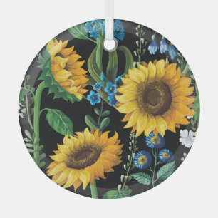 Zwarte achtergrond zonnebloem patroon glas ornament