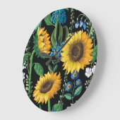 Zwarte achtergrond zonnebloem patroon grote klok (Hoek)