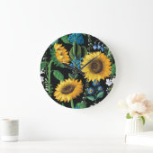 Zwarte achtergrond zonnebloem patroon grote klok (Huis)