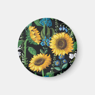 Zwarte achtergrond zonnebloem patroon magneet