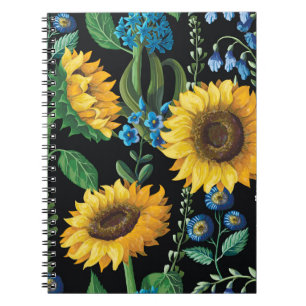 Zwarte achtergrond zonnebloem patroon notitieboek
