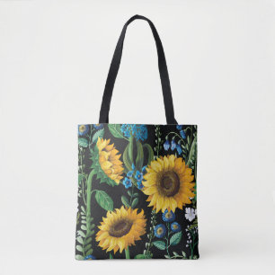 Zwarte achtergrond zonnebloem patroon tote bag