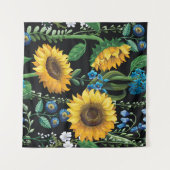 Zwarte achtergrond zonnebloem patroon wandkleed (Voorkant (horizontaal))