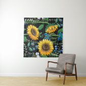 Zwarte achtergrond zonnebloem patroon wandkleed (In Situ (horizontaal))