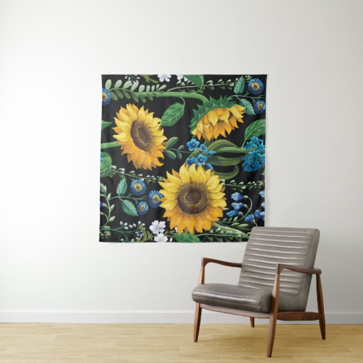 Zwarte achtergrond zonnebloem patroon wandkleed (In Situ (horizontaal))