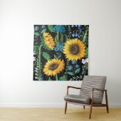 Zwarte achtergrond zonnebloem patroon wandkleed (In situ)