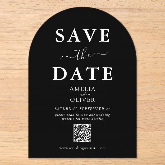 Zwarte Acrylaat QR Code Trouw Save the Date Boog  Acryl Uitnodigingen (Voorkant)