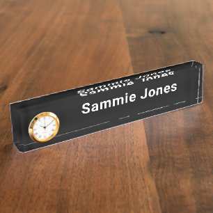 Zwarte Acrylen Bureaunamenbord met Moderne Klok Naambordje