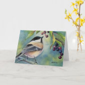 Zwarte Afgetopte Chickadee Bird Berries Waterverf Kaart (Gele Bloem)