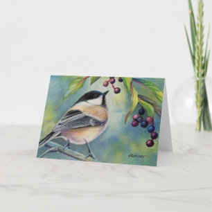 Zwarte Afgetopte Chickadee Bird Berries Waterverf  Kaart