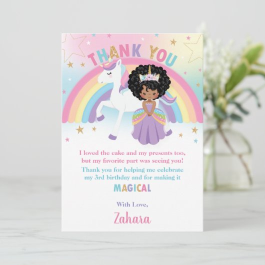 Zwarte Afrikaanse prinses regenboog eenhoorn verja Bedankkaart (Staand voorkant)
