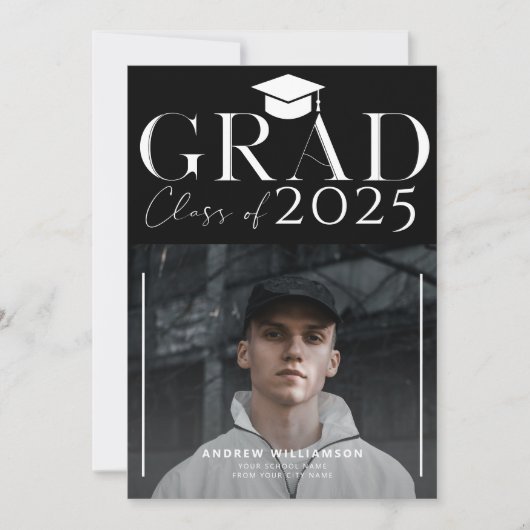 Zwarte afstudeerfoto van afgestudeerde van de klas aankondiging (Voorkant)