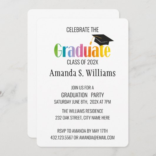 Zwarte afstudeerhoed afstudeerfeest uitnodiging (Voorkant / Achterkant)