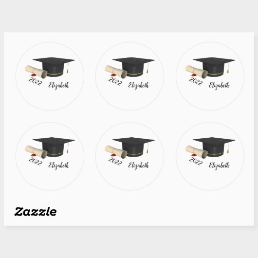 Zwarte afstudeerhoed, diploma ronde sticker (Vel)